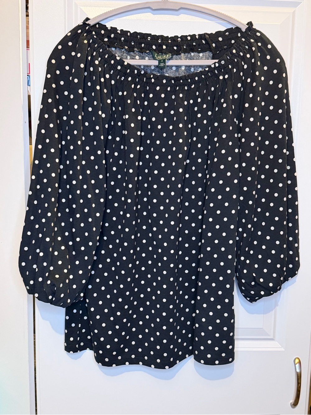 Lauren Ralph Lauren Black & White Polka Dot Off-the-Shoulder Peasant Blouse